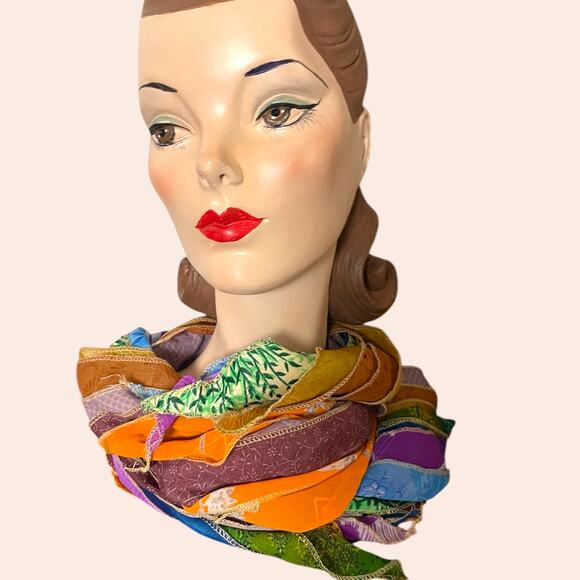 Sari Patches Scarf 10 Section Reversible Multicolor Orange 80” - Picture 2 of 6